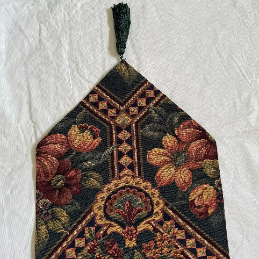 Floral Tapestry Table Runner Tassels Green Gold Burgundy 12x35
